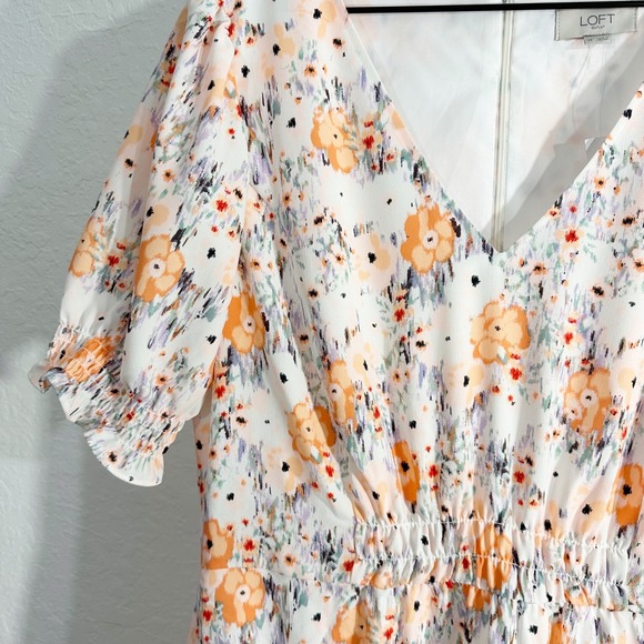 Loft Floral Print Short Sleeve Cinched‎ Waist Midi Dress White 12 Cottagecore - Picture 4 of 11